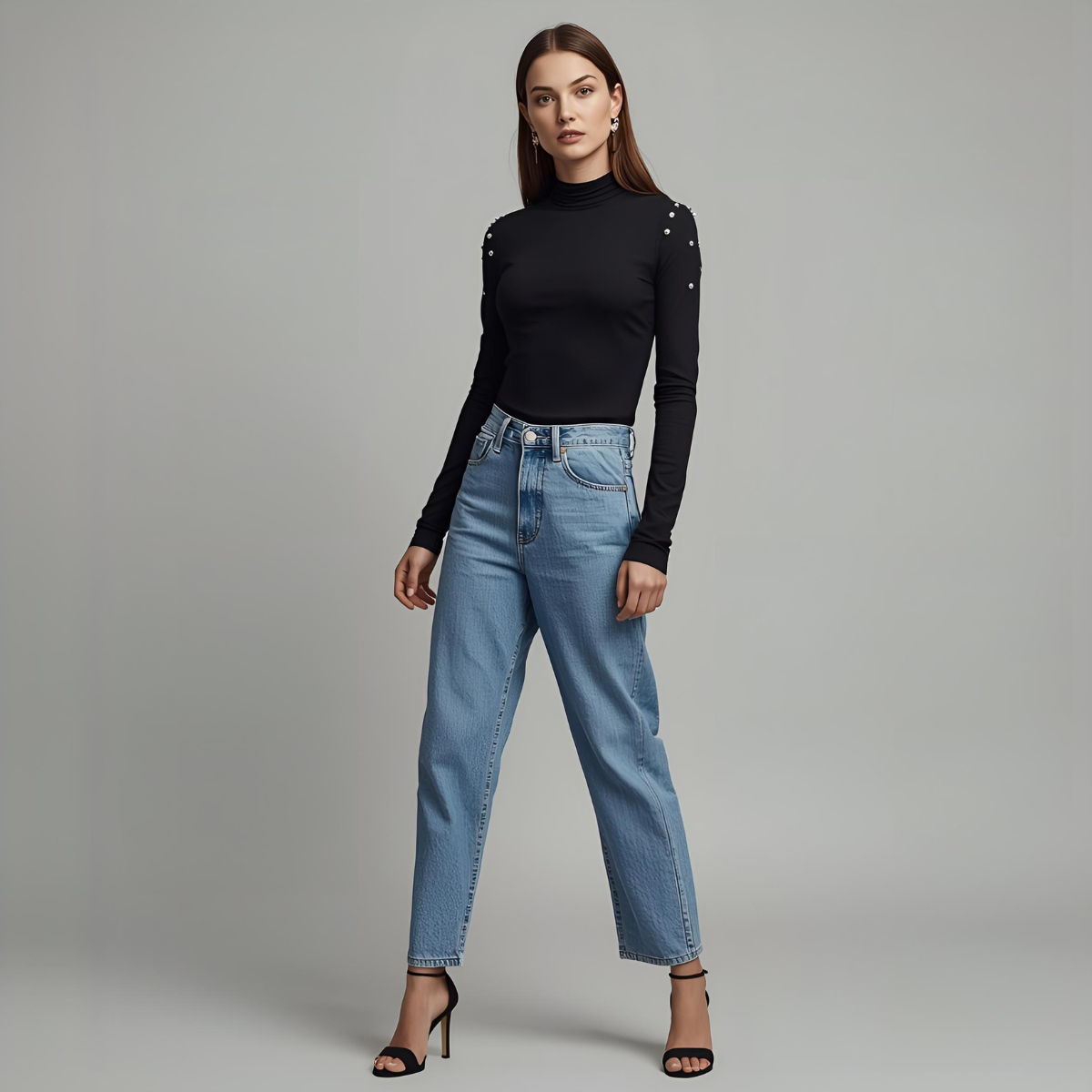 NOIRELLE | Elegant Black Turtleneck with Long Sleeves and Pearl Details