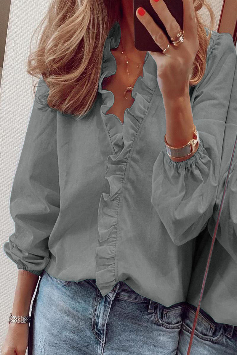 V-Neck Blouse with Ruffled Long Sleeves
