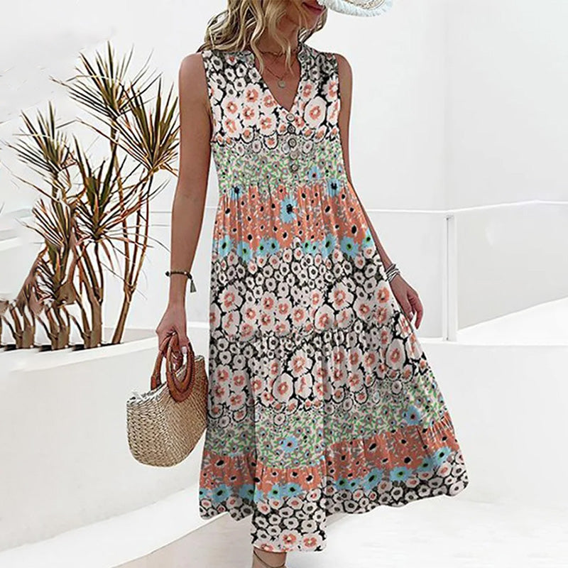 Chic Floral Print Sleeveless V-Neck Dress for Summer