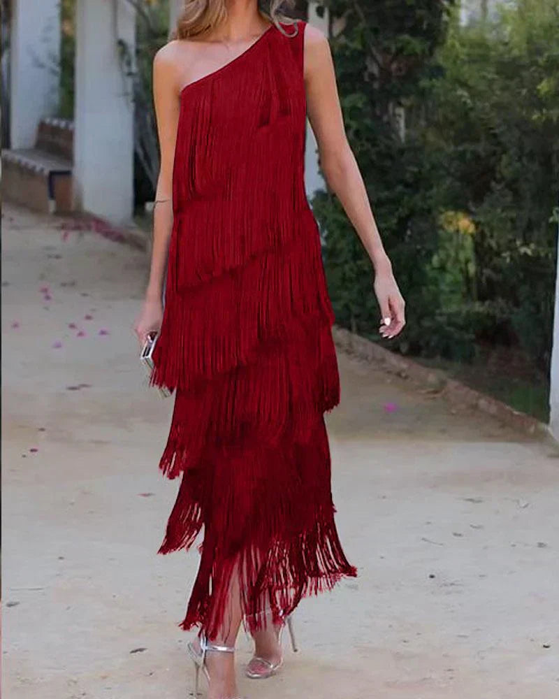 Chic Open-Shoulder Fringe Dress