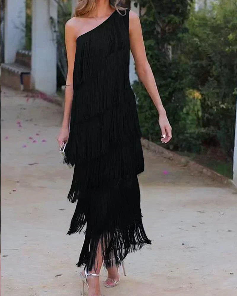 Chic Open-Shoulder Fringe Dress