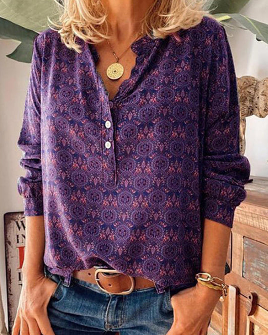Vintage Print Long Sleeve Blouse with Retro Flair