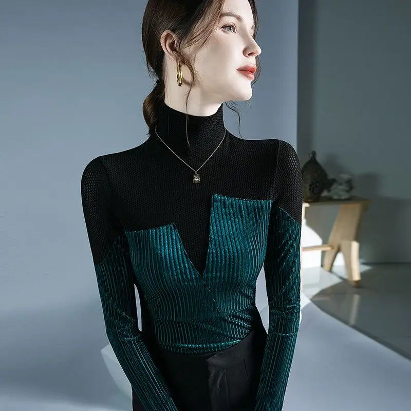 Chic Velvet Patchwork Turtleneck Sweater