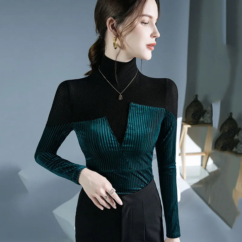 Chic Velvet Patchwork Turtleneck Sweater