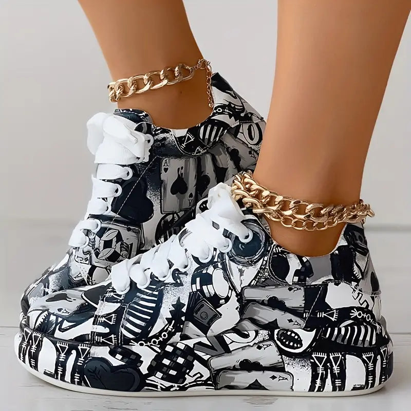 Women's Layered Sneakers with Graffiti Print