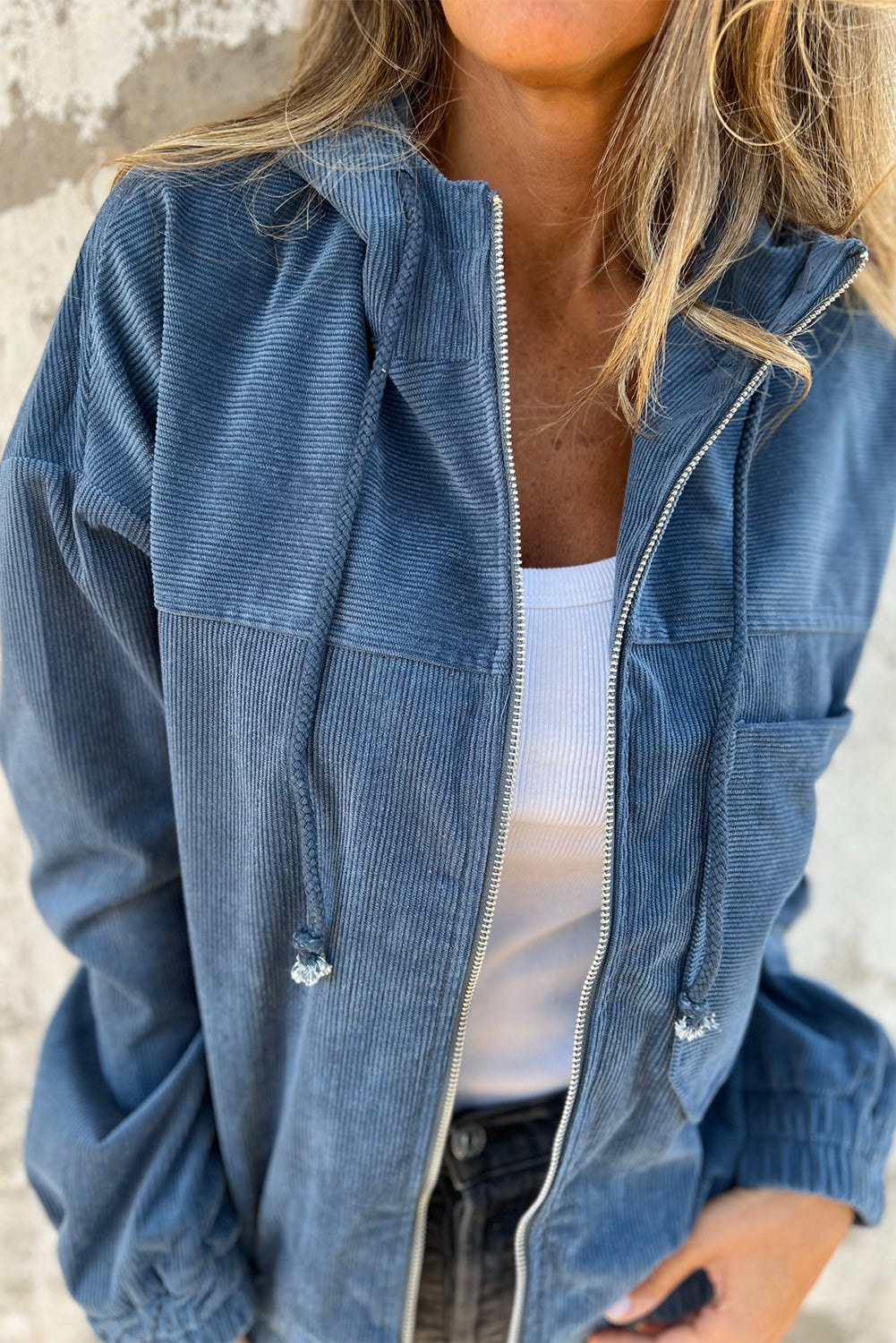 Teal Zip-Up Hooded Jacket with Adjustable Drawstring