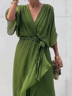 Women's Green Summer V-Neck Chiffon Dress