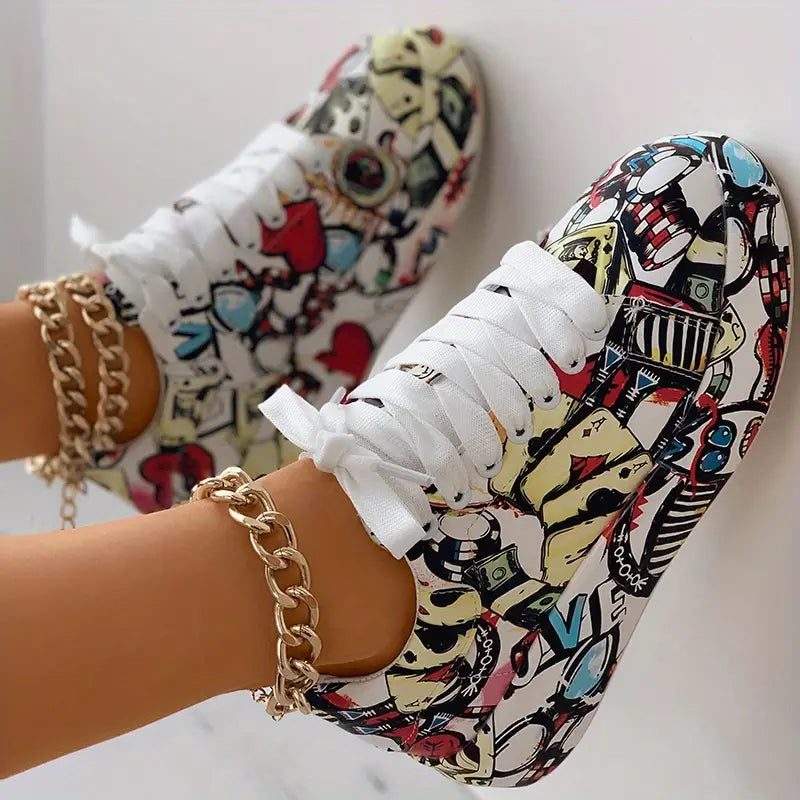 Women's Layered Sneakers with Graffiti Print