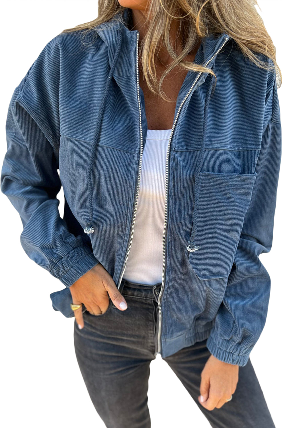 Teal Zip-Up Hooded Jacket with Adjustable Drawstring