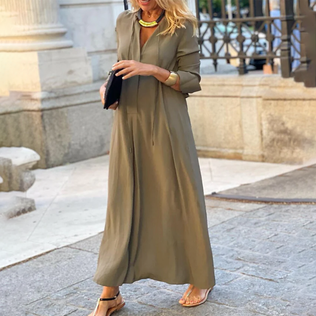 Chic V-Neck Maxi Dress for Summer with Elbow-Length Sleeves