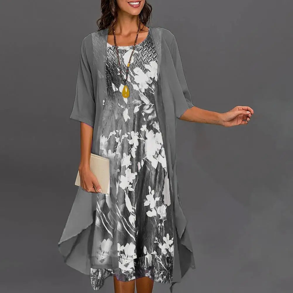 Chic Three-Quarter Sleeve Dress with Elegant Floral Design