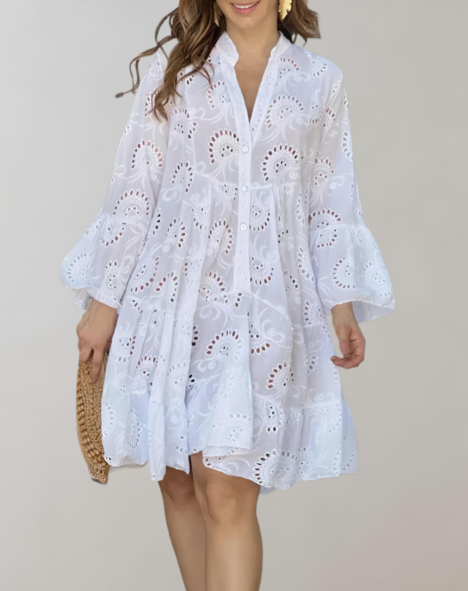 Elegant V-Neck Embroidered Dress with Bell Sleeves for Easy Comfort