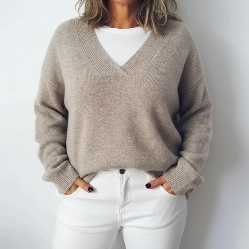 Plus Size Women's Oversized Knit Sweater with Elegant V-Neck Design