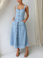 Button-Up Denim Midi Dress with Casual Strap Design