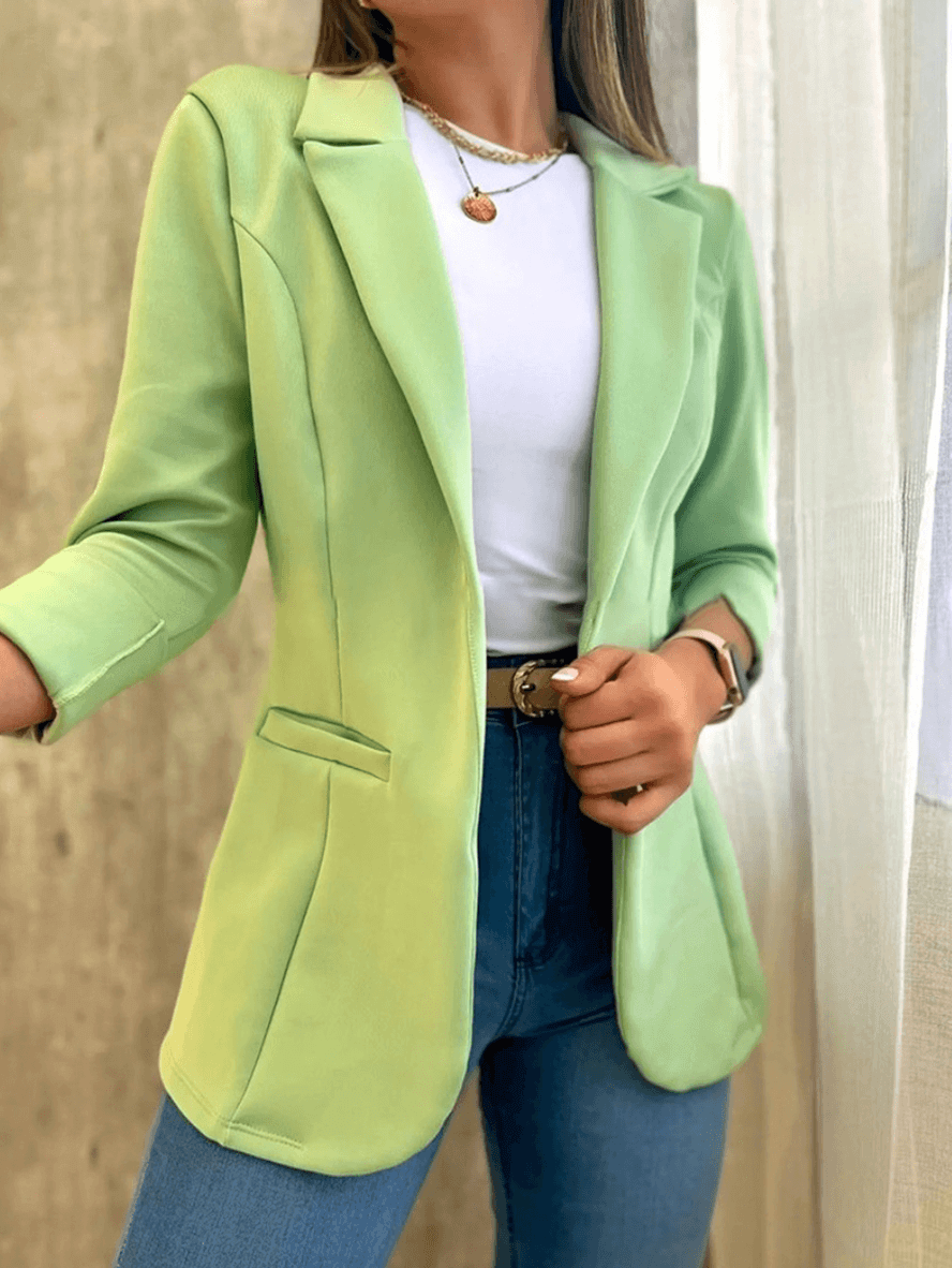 Chic Women's Solid Blazer with Pockets, Lapel Collar, and Long Sleeves
