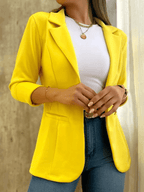 Chic Women's Solid Blazer with Pockets, Lapel Collar, and Long Sleeves