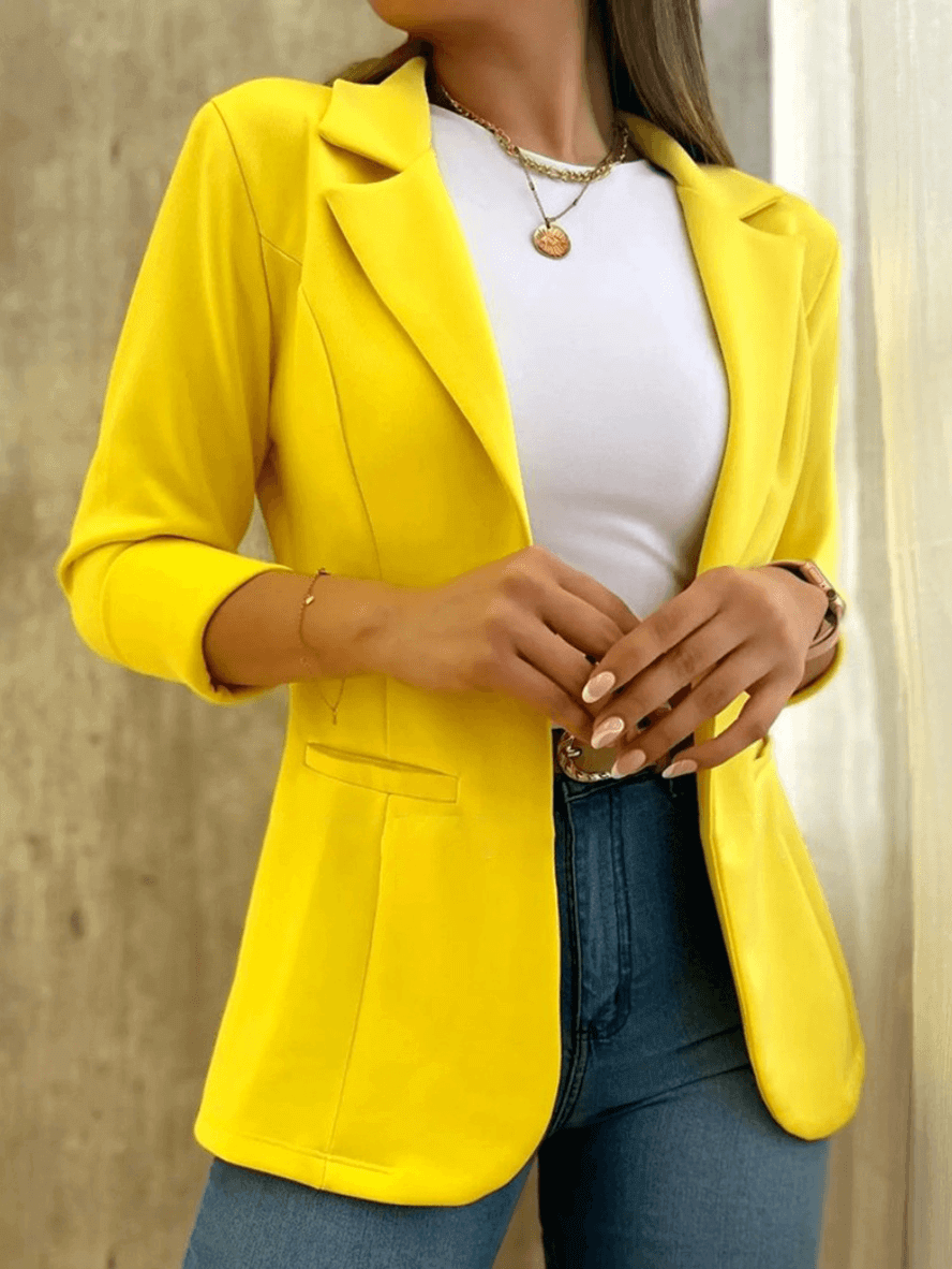 Chic Women's Solid Blazer with Pockets, Lapel Collar, and Long Sleeves