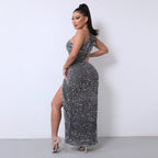 Chic One-Shoulder Sequin Dress with Dramatic High Slit