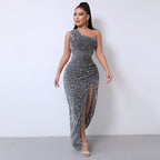 Chic One-Shoulder Sequin Dress with Dramatic High Slit
