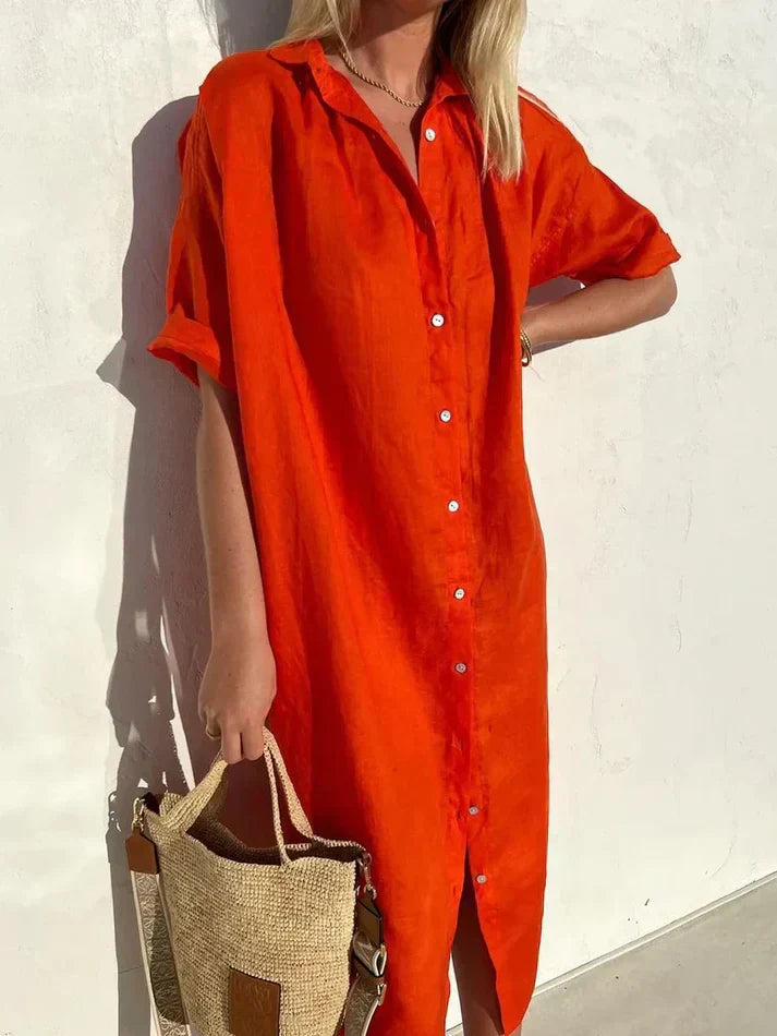 Chic Women's Casual Dress with Wide Sleeves and Button Details, Crafted from Cotton and Linen