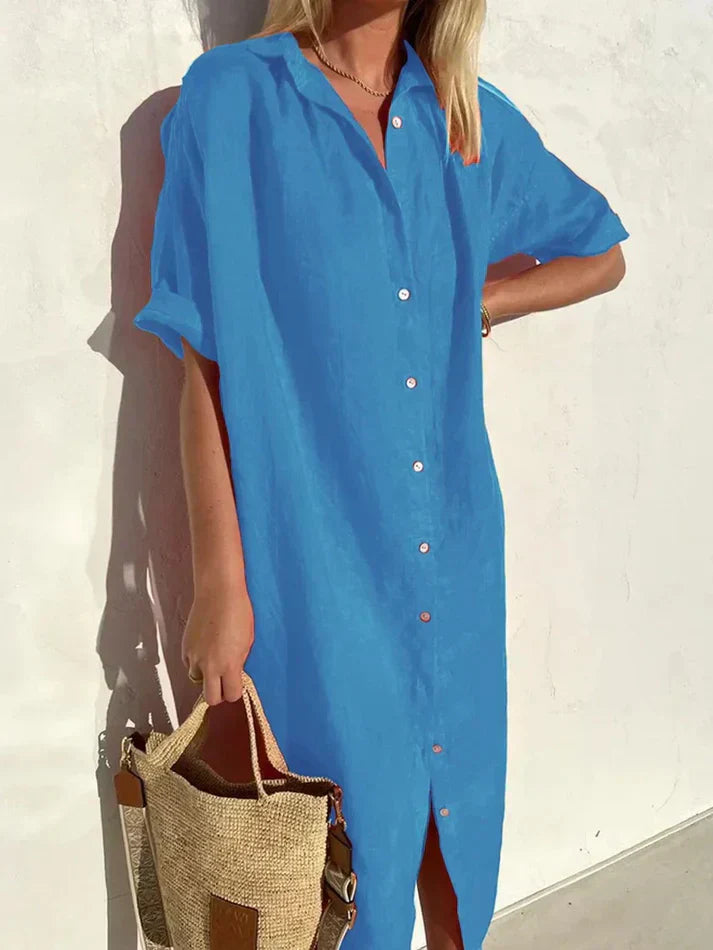 Chic Women's Casual Dress with Wide Sleeves and Button Details, Crafted from Cotton and Linen