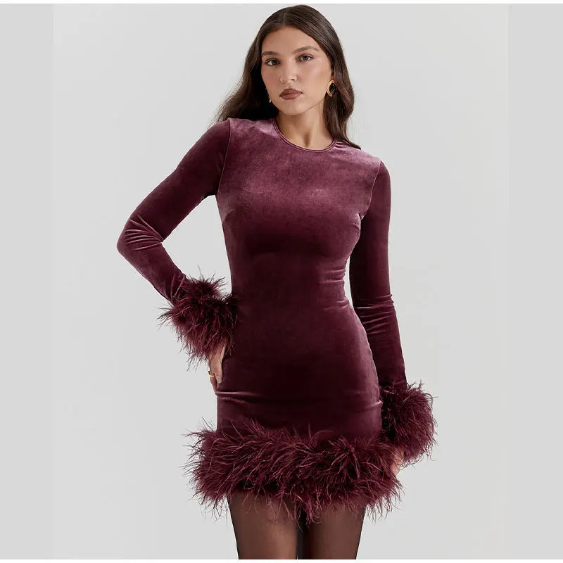 Chic Sheath Dress Featuring Feather-Trimmed Sleeves