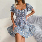 Floral Puff Sleeve Dress with Square Neckline