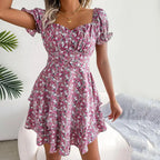 Floral Puff Sleeve Dress with Square Neckline