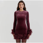 Chic Sheath Dress Featuring Feather-Trimmed Sleeves