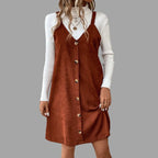 Strap-Detail V-Neck Corduroy Dress with Button Accents