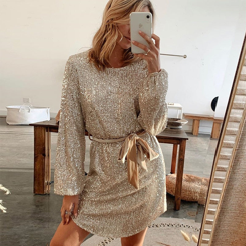 Chic Beige Glitter Evening Dress for Special Events