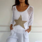 Women's Crochet Knit Mesh Blouse with Round Neck
